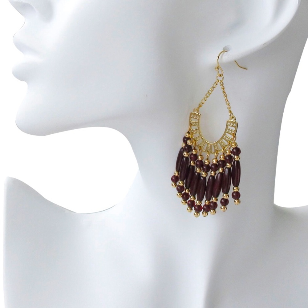 2/$20 Rustic Plum Bead Chandelier Earrings - Picture 2 of 3